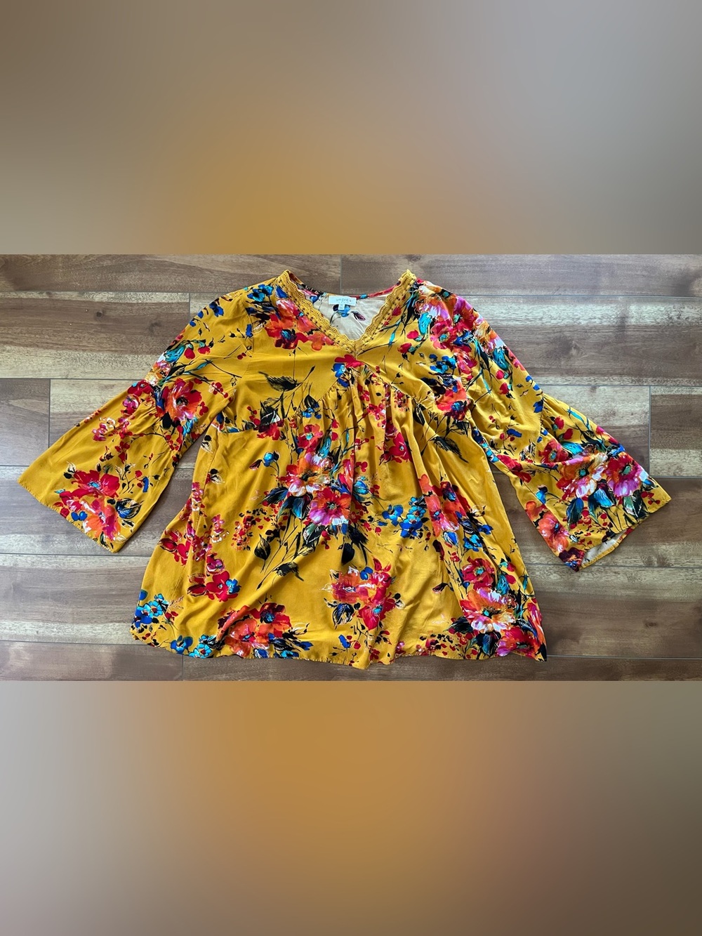 Umgee Mustard Floral V-Neck Boho Mini Dress